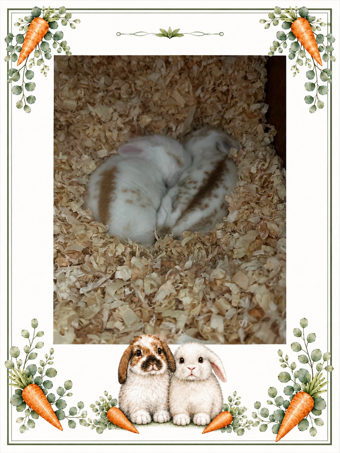 Two baby bunnies curled up together in a nesting box of aspen shavings